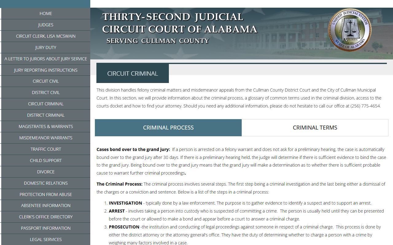Cullman Circuit Criminal page describing felony criminal matters and misdemeanor appeals