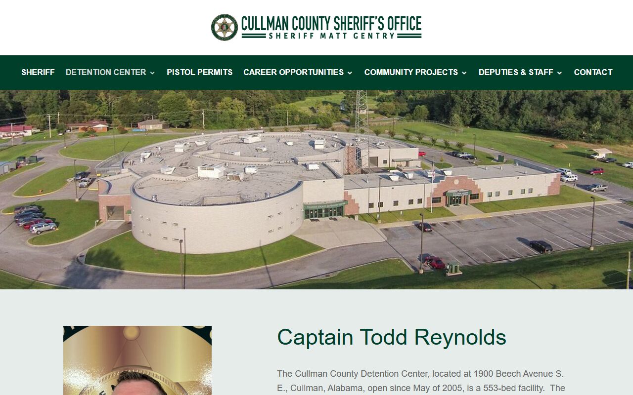 Cullman County Sheriff's Office warden page showing detention center capacity, housing, and work release information