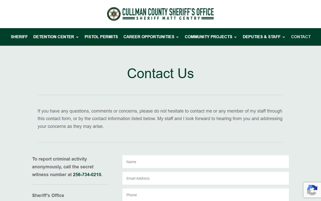 Cullman Sheriff's Office contact page with sheriff and detention center contact information